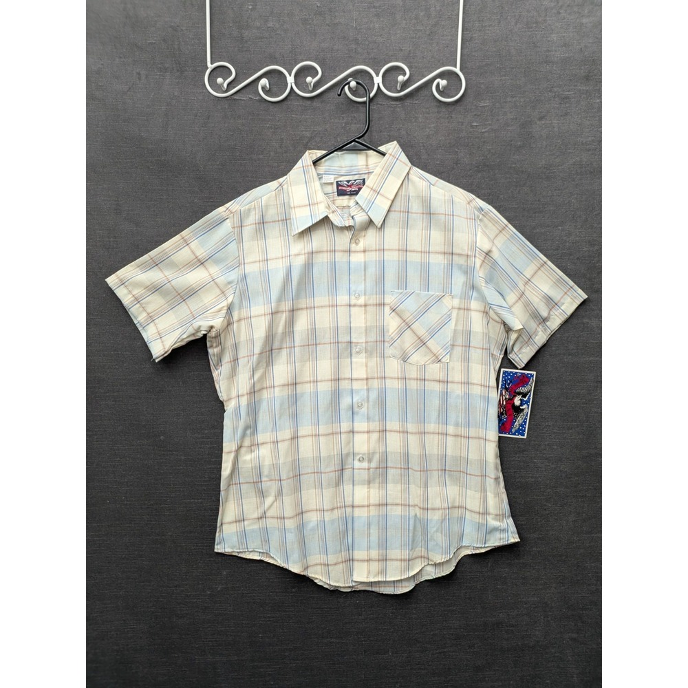 Americana Collection Casual Shirt Short Sleeve Button Up Cream/Blue Dad Shirt L
